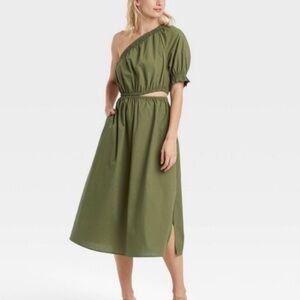 Who What Wear Olive One-Shoulder Waist Cut-Out Dress with Pockets